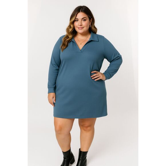 WIHOLL Women’s Blue Long Sleeve Collared Knit Mini Dress XL – Casual Pullover - Picture 2 of 10